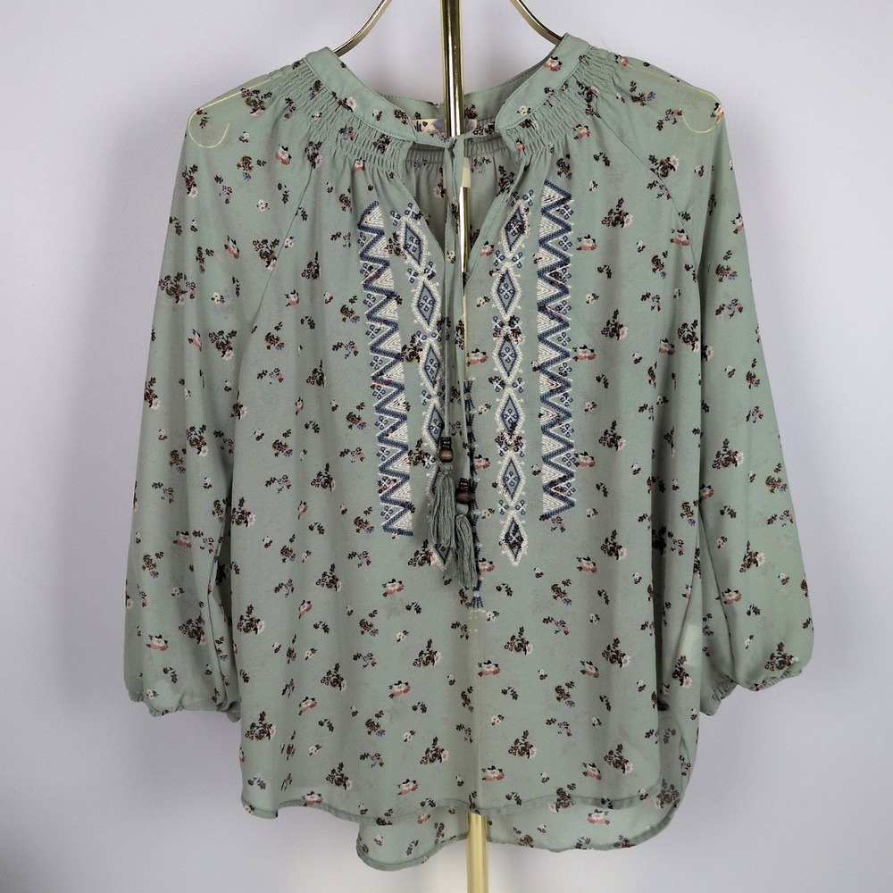 Jolt Women Large Blouse Sage Green Floral Embroidered Tassel Tie Neck Boho Top